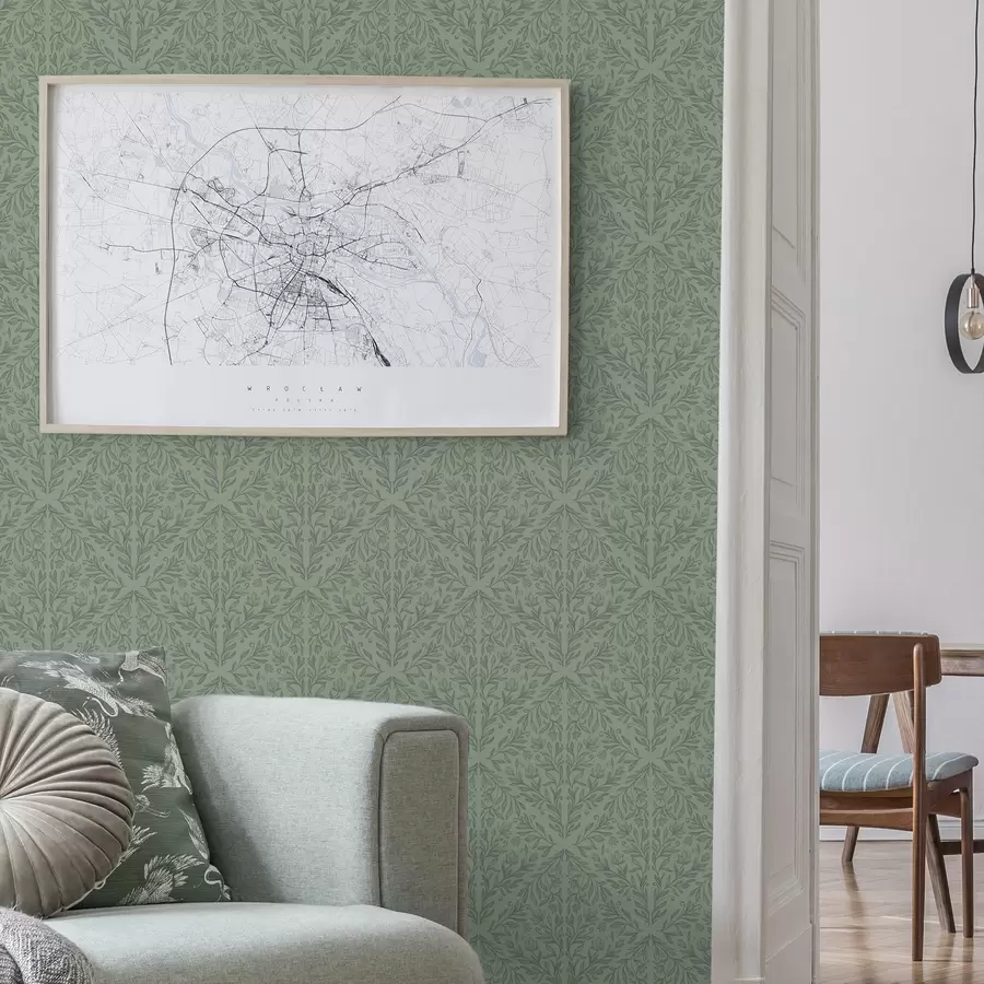 zidne murale Fini botanički damast u prigušenoj zelenoj boji a00815v1