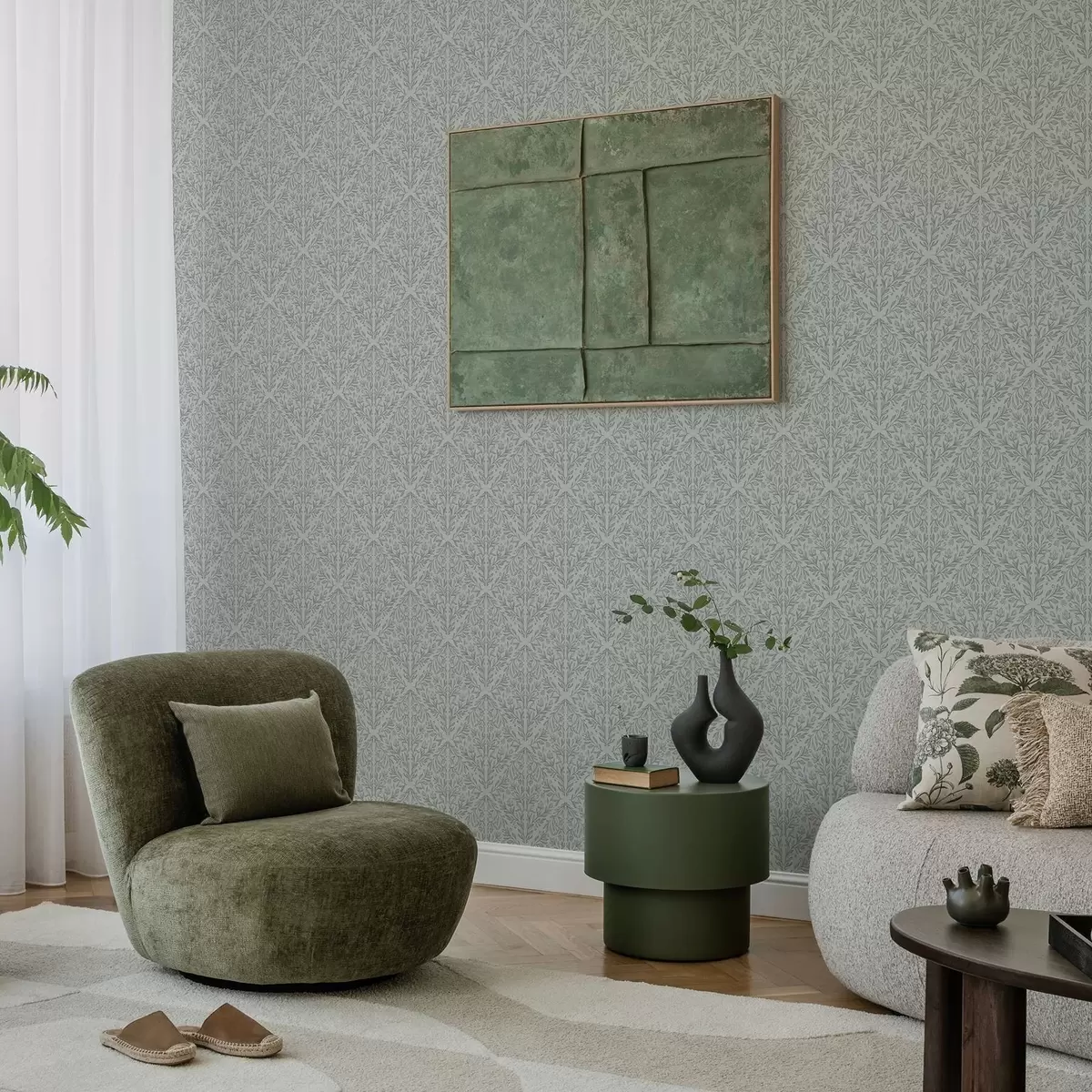 Pozadina Botanički damast u svijetlo sivoj boji s mekim obrisom a00815v2