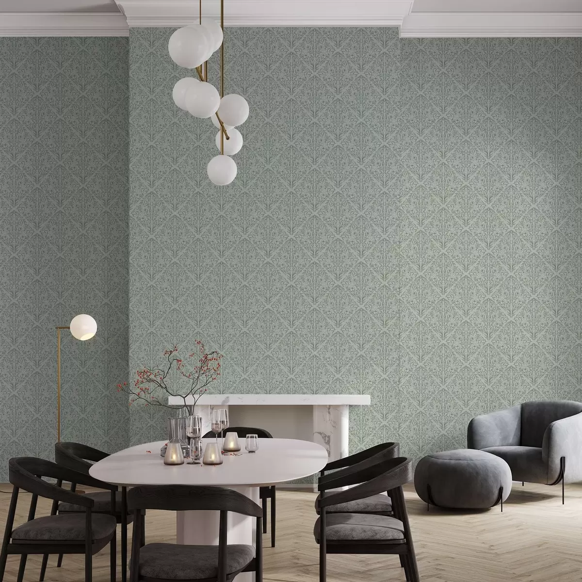 Pozadina Čipkasti izdanci na pastelno zelenoj, nježna dubina a00815v3