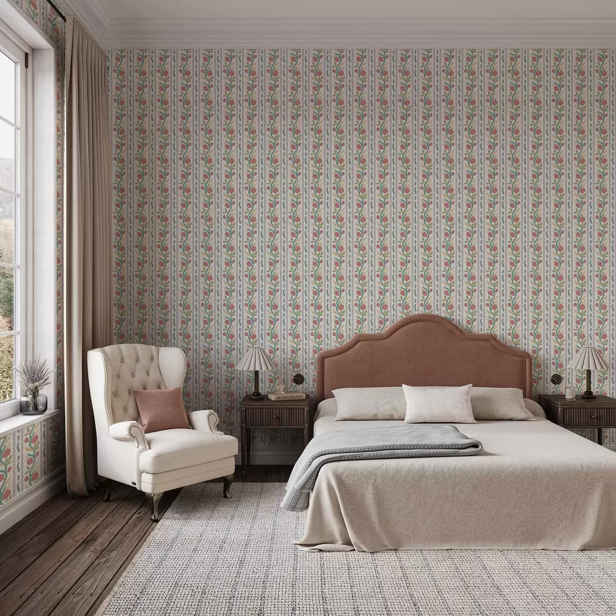 Pozadina Vertikalne pruge s koraljnim cvijećem i tirkiznim lišćem a00816