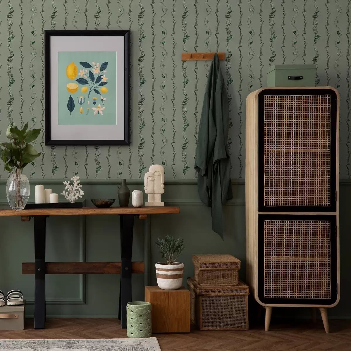 Pozadina Vertikalne loze i grančice na prigušenoj zelenoj boji a00817v1