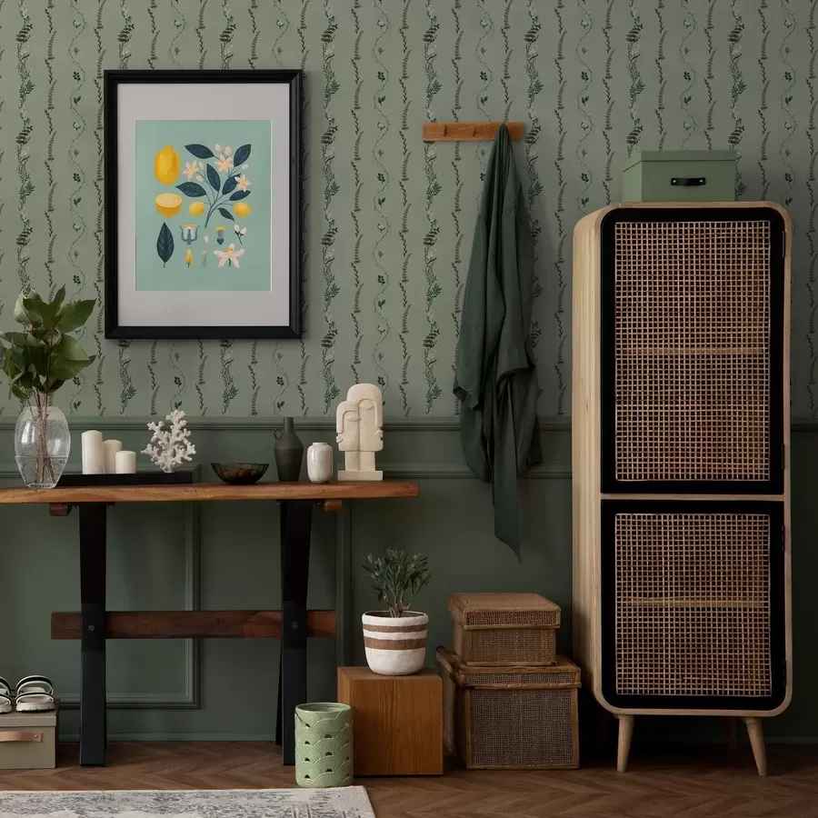 zidne murale Vertikalne loze i grančice na prigušenoj zelenoj boji a00817v1