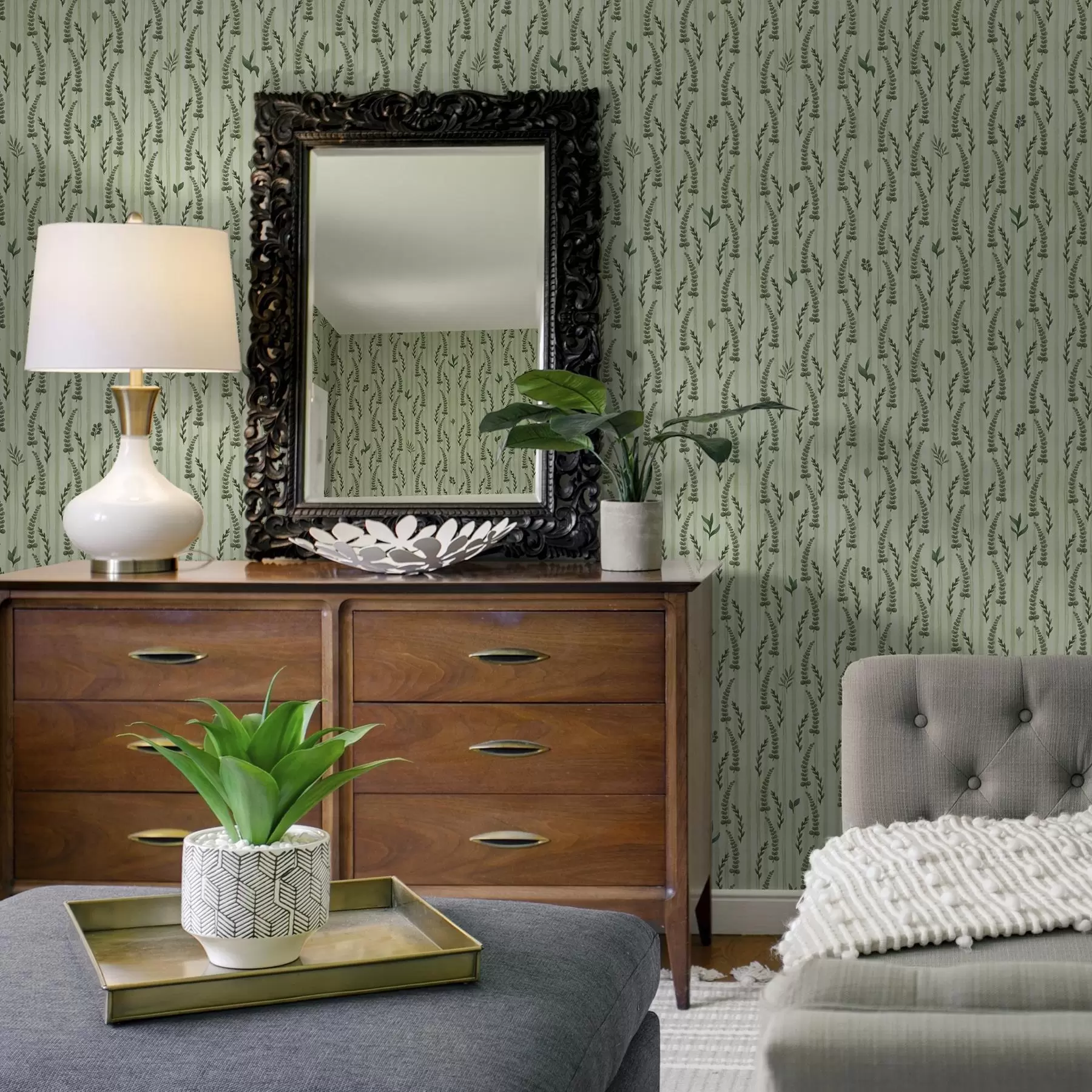 zidne murale Guste zelene trave i izdanci na menti s prugama a00819