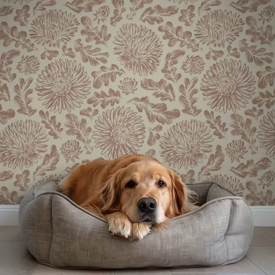 zidne murale Krizanteme i hrastovo lišće u nježnoj bež-smeđoj boji a00840