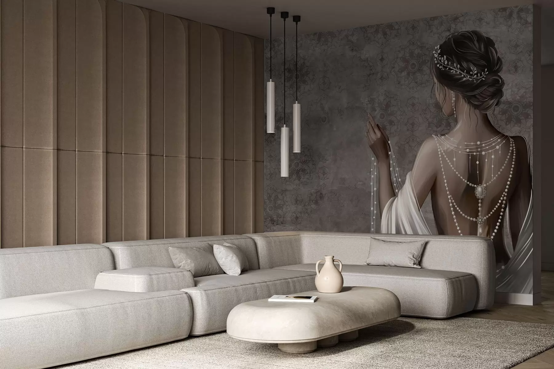 zidne murale Žena viđena straga s biserima, pozadina s uzorkom sive stijene w04854