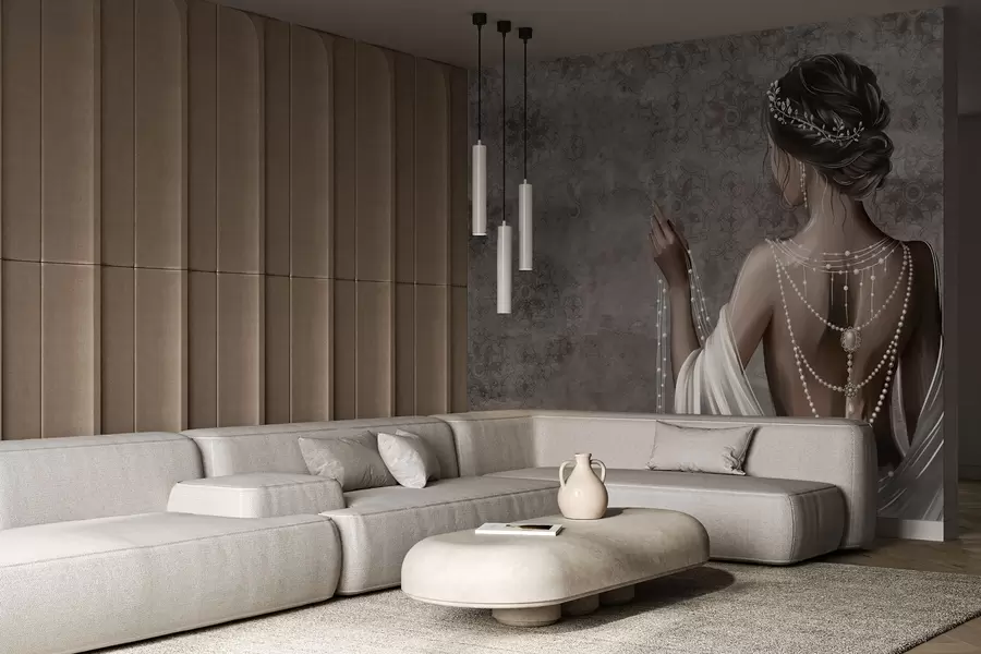 zidne murale Žena viđena straga s biserima, pozadina s uzorkom sive stijene w04854