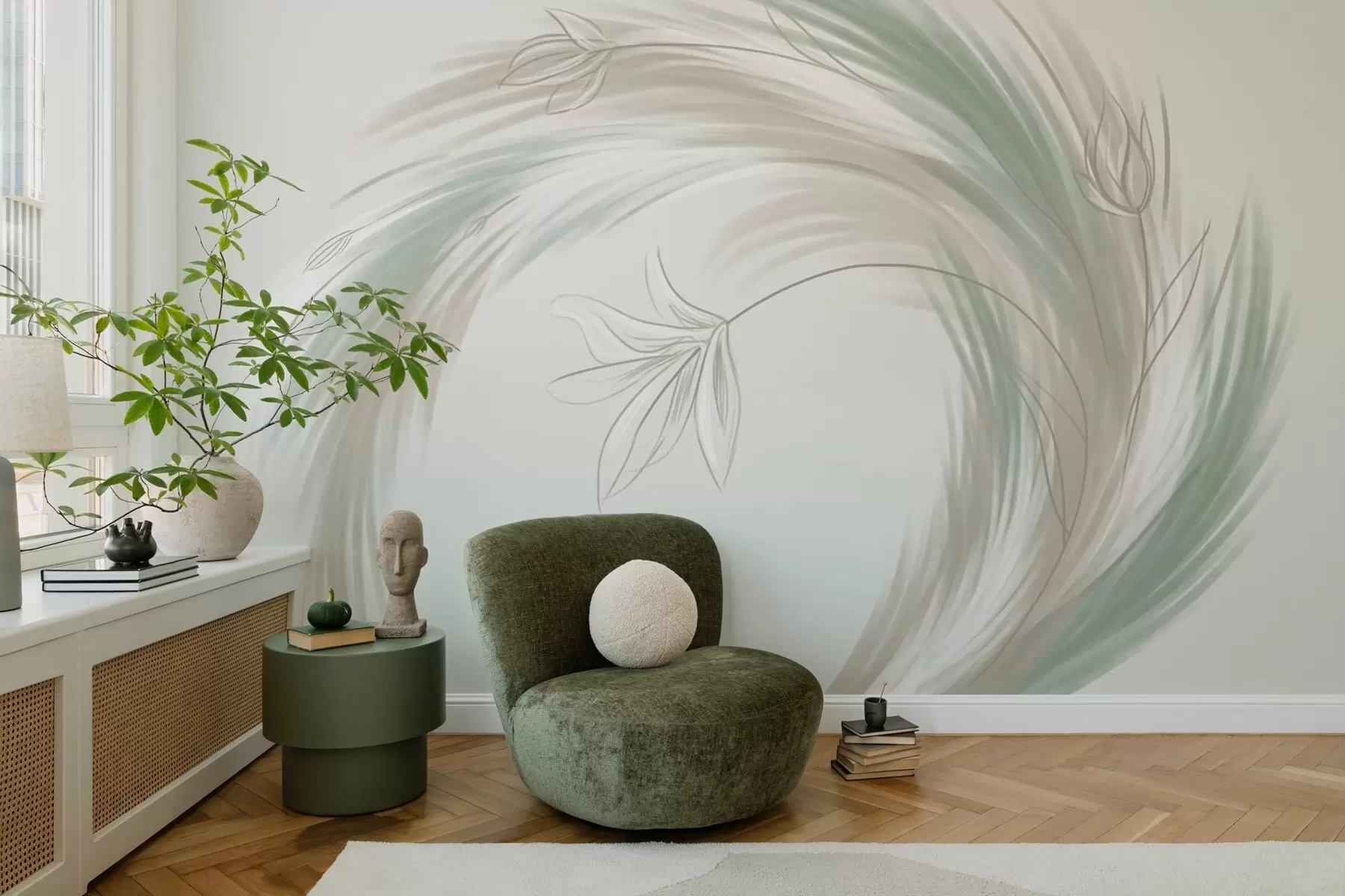 zidne murale zeleno i bež perje i cvijeće, ručno oslikano w04816