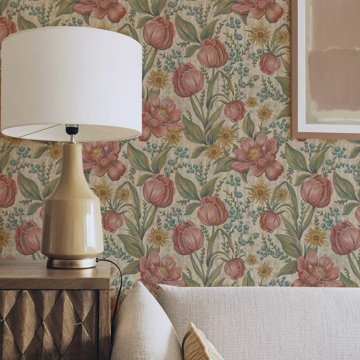 Pozadina Starinski tulipani i astre, teksturirana kremasta podloga a00773