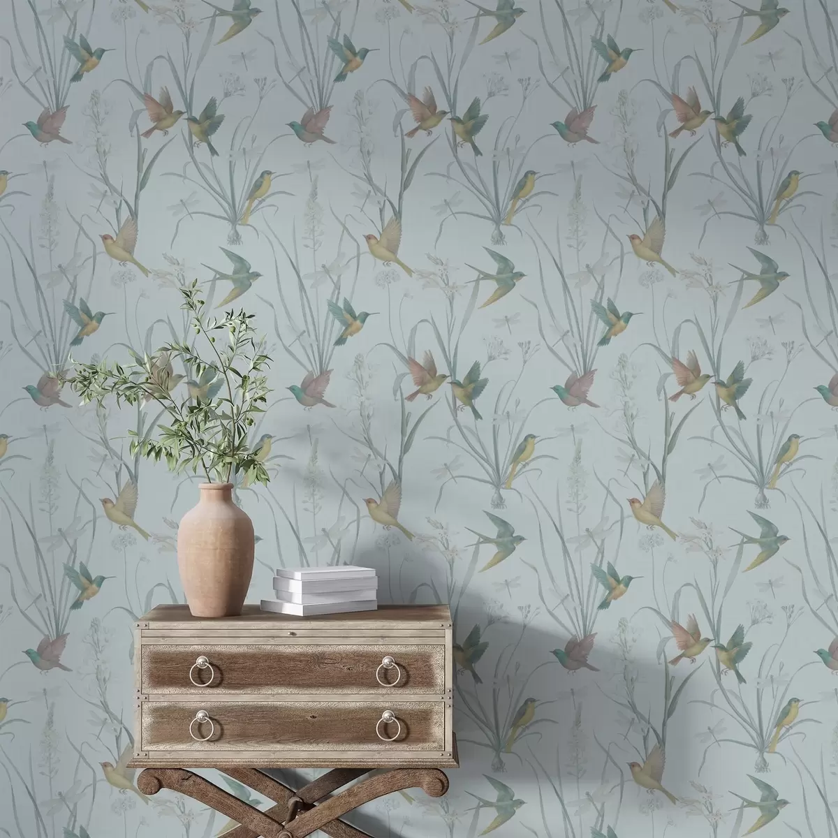 Pozadina Ptice među livadnim travama na sivoplavom tlu a00776