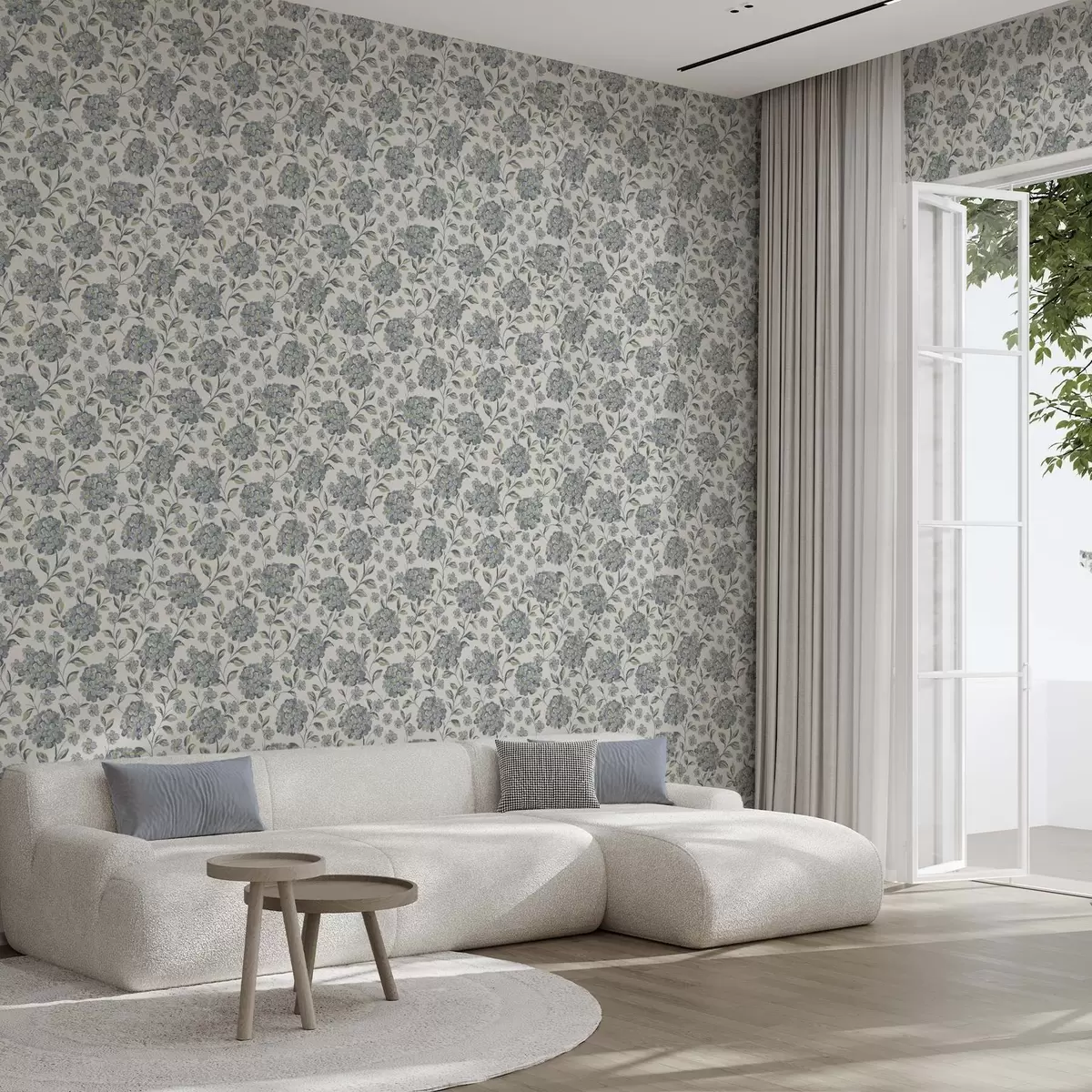 Pozadina Četkasti cvjetovi i listovi u sivo-plavoj paleti a00778