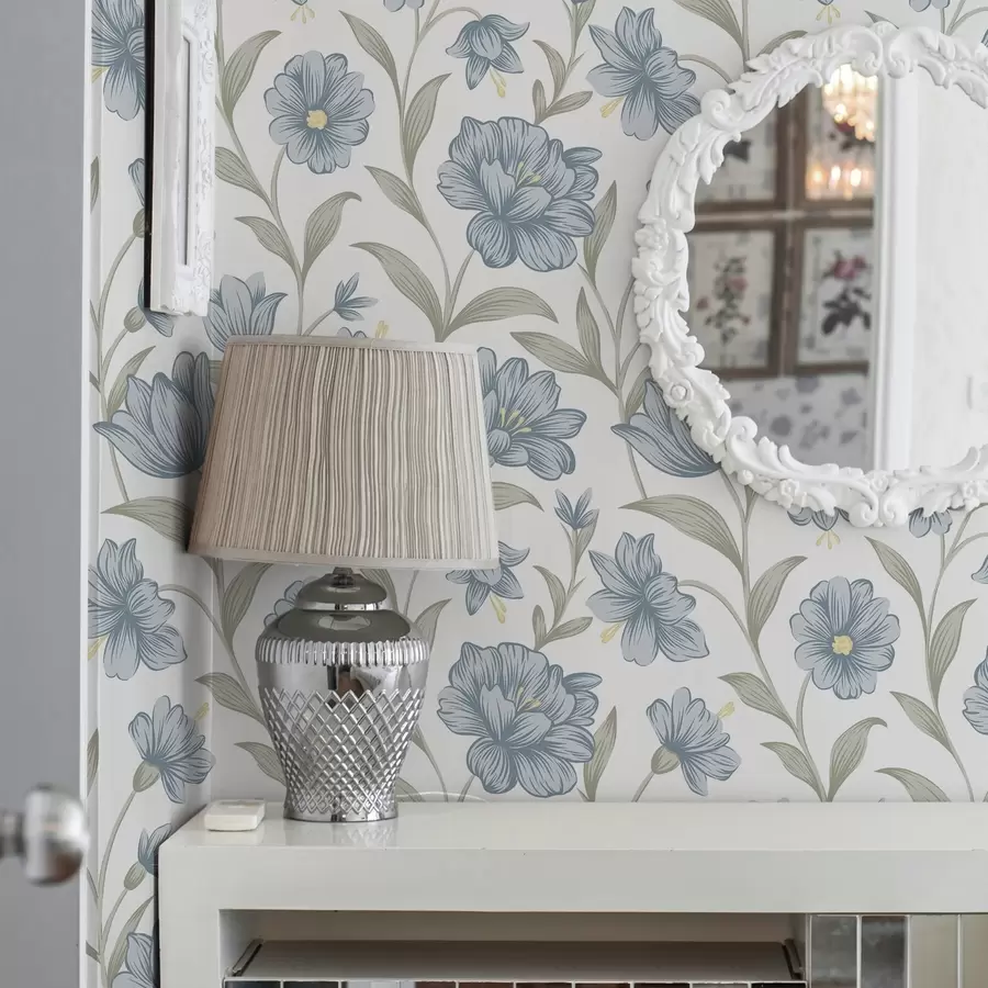 zidne murale Prašnjavo plavo cvijeće s listovima masline na bijelom a00780