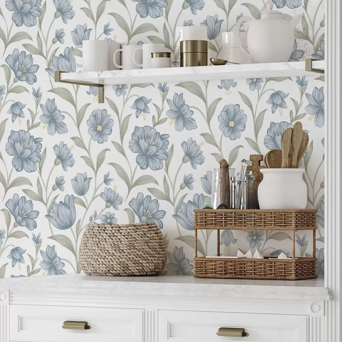 Pozadina Prašnjavo plavo cvijeće s listovima masline na bijelom a00780