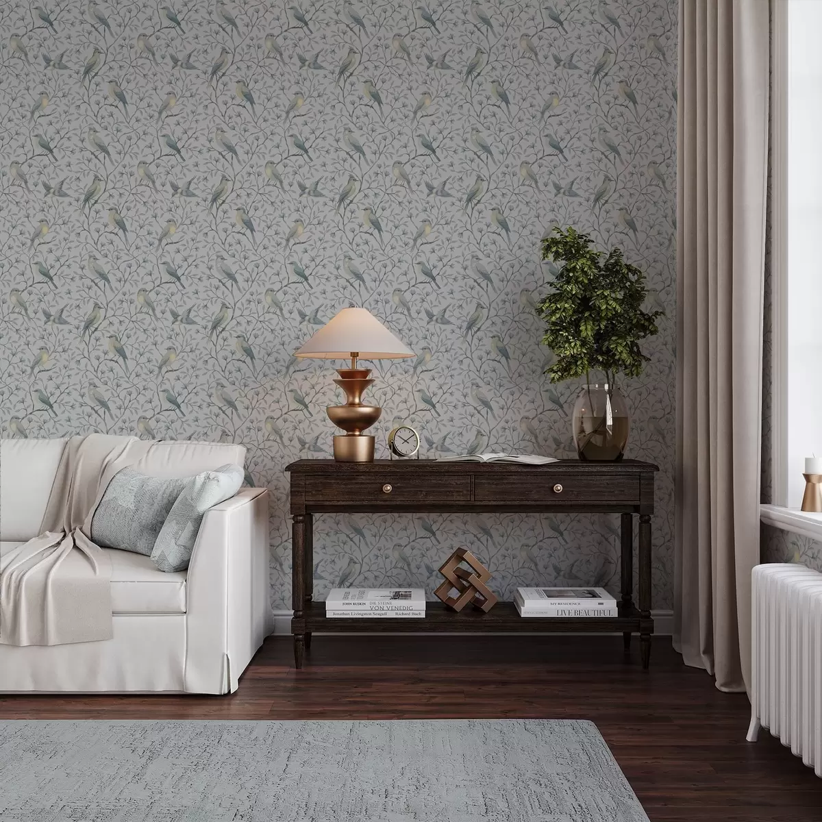 Pozadina Ptice na granama, sivo-plava shema a00782