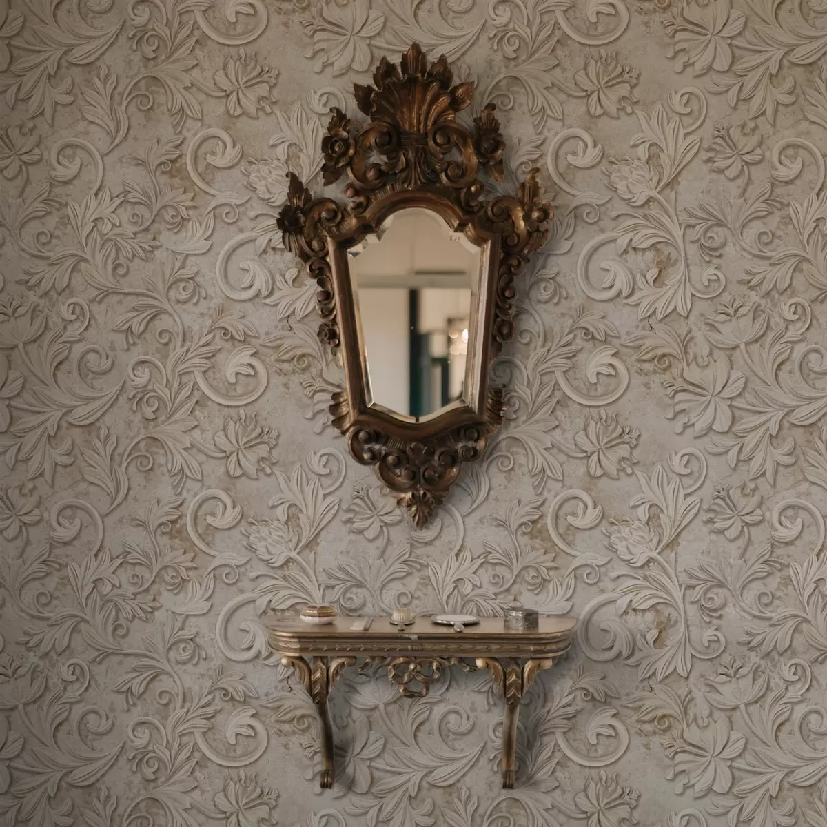 Pozadina Kameni reljef s cvjetnim spiralama, vintage bež a00784