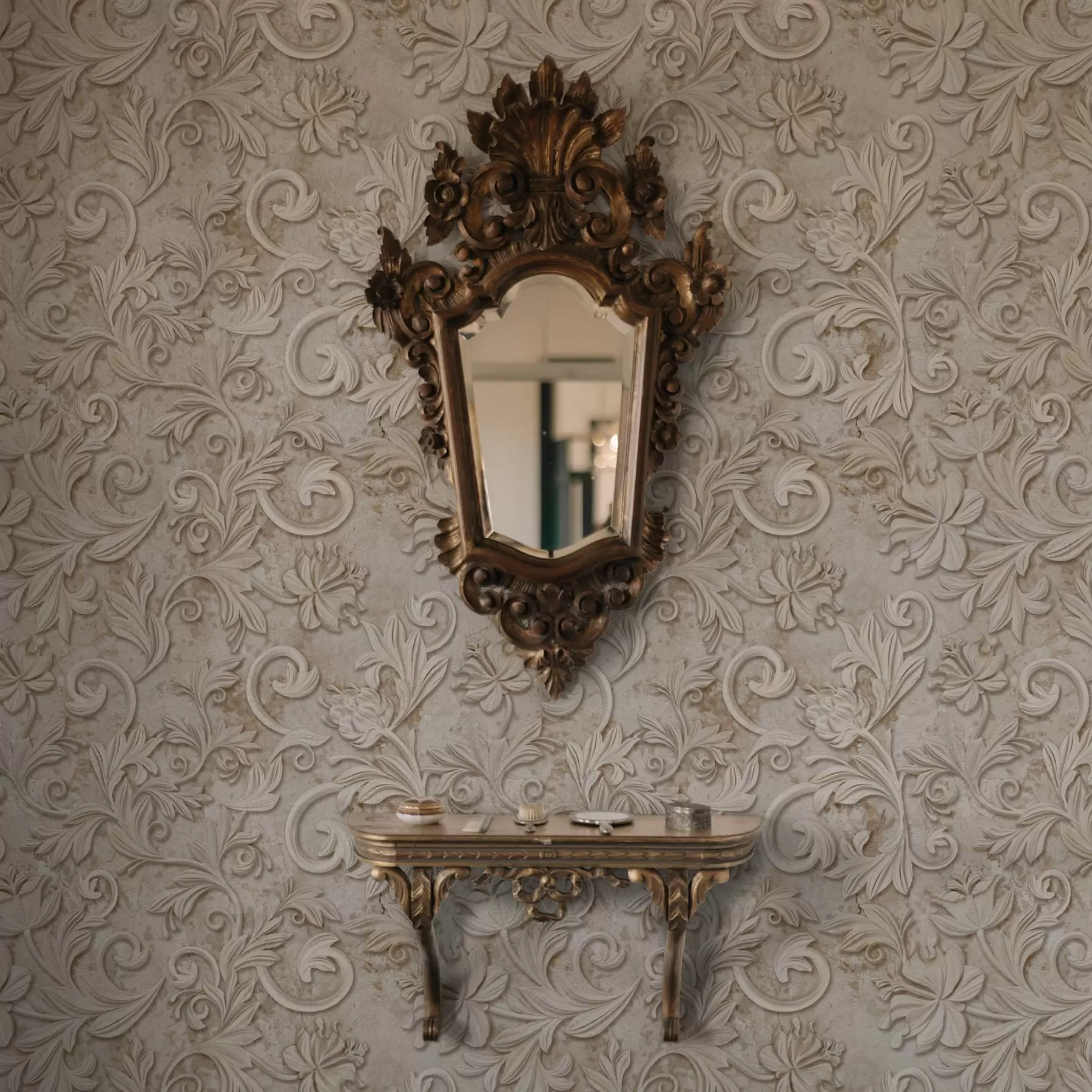 zidne murale Kameni reljef s cvjetnim spiralama, vintage bež a00784