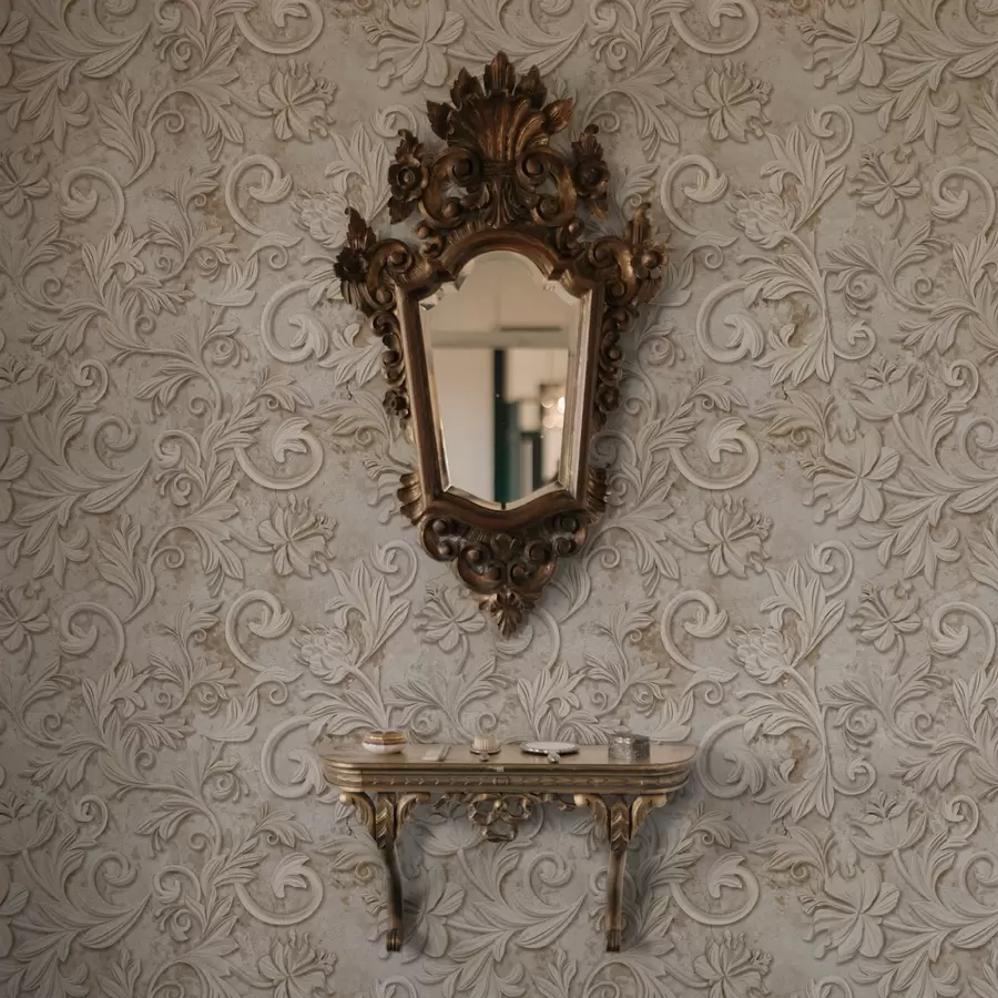 zidne murale Kameni reljef s cvjetnim spiralama, vintage bež a00784