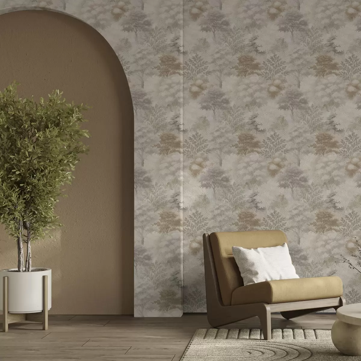 Pozadina Nježna šuma u magli, meki bež-sivi tonovi a00785