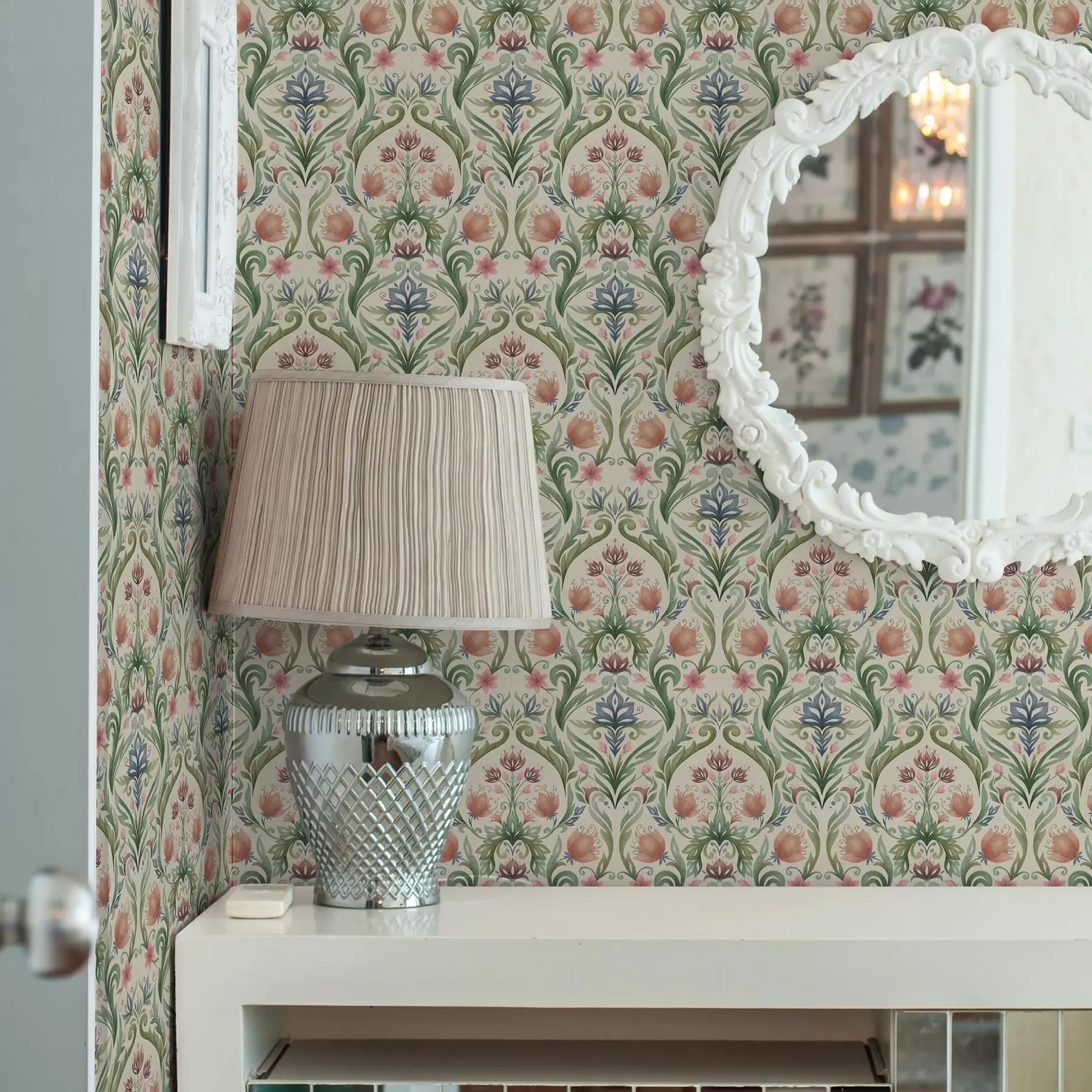 zidne murale Simetrični cvjetni ornament, terakota i zelena a00827