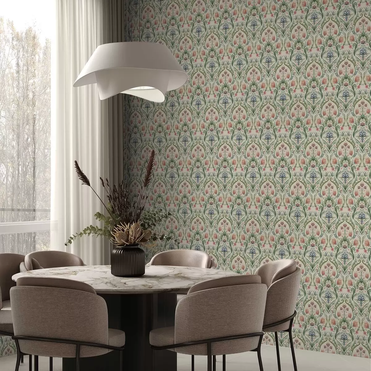 Pozadina Simetrični cvjetni ornament, terakota i zelena a00827