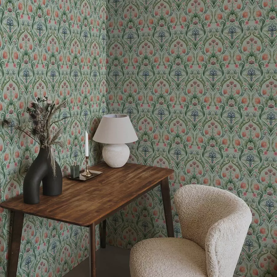 zidne murale Simetrični cvjetni ornament, paleta boje mente i kreme a00827v1