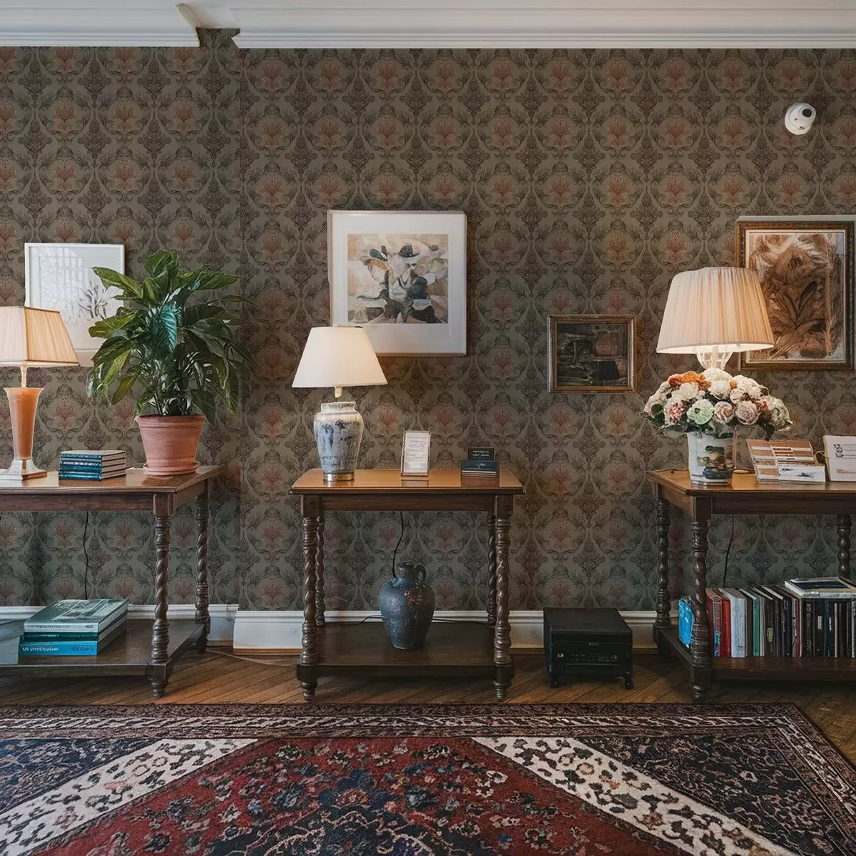 Pozadina Terakota damast na prigušenom maslinastom tlu a00828v3