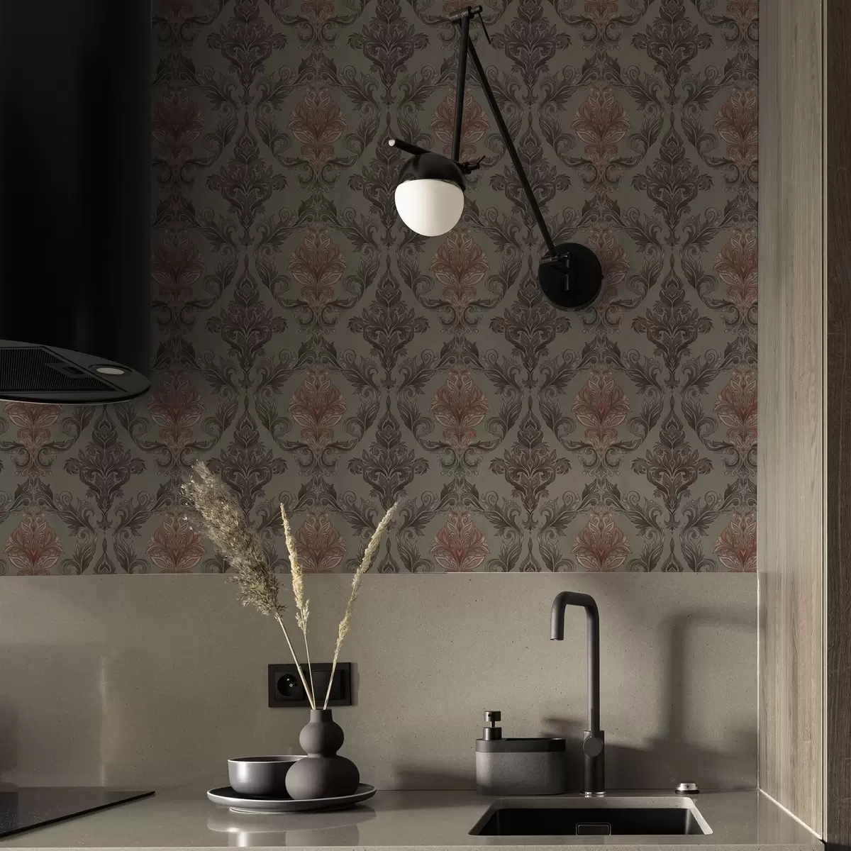 Pozadina Terakota damast na prigušenom maslinastom tlu a00828v3