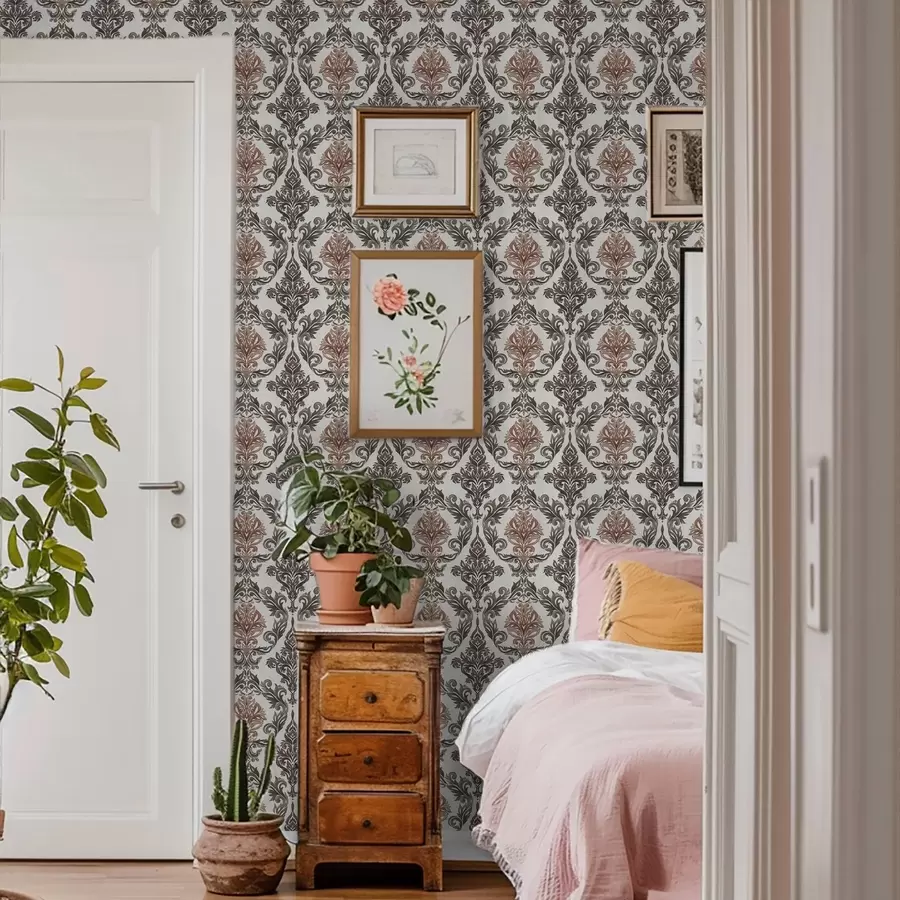 zidne murale Damask s bakreno-smeđim naglascima na svijetloj podlozi a00828v4