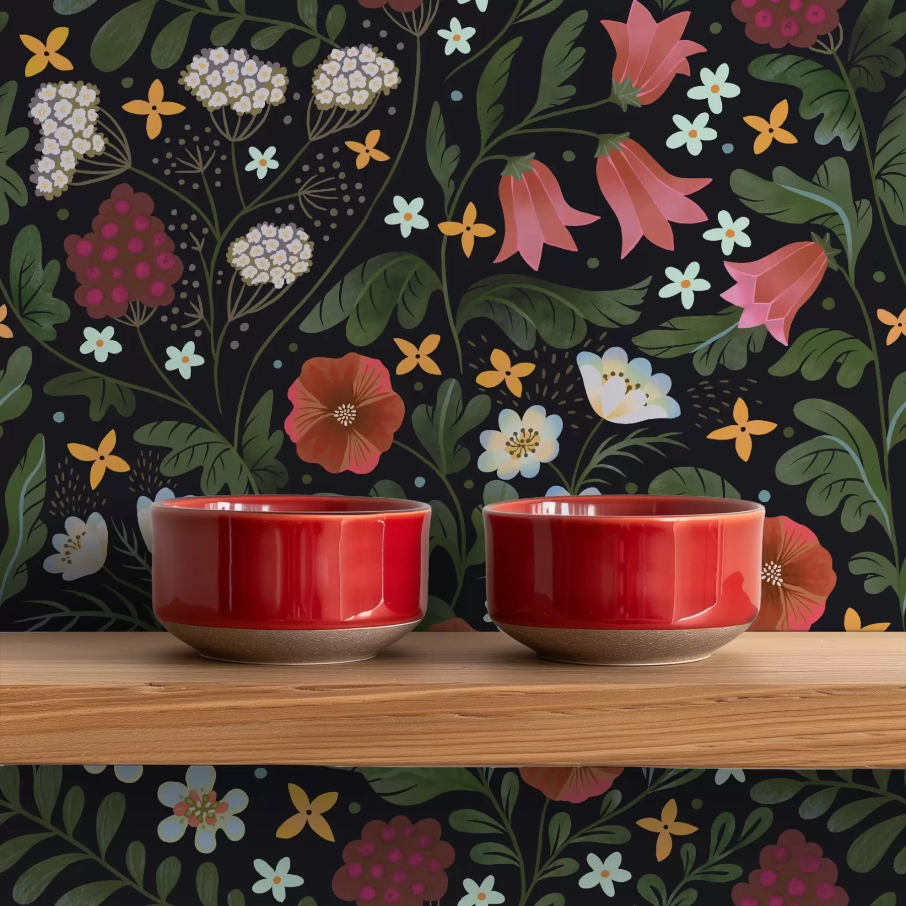 zidne murale Divlje cvijeće i bobice na dubokoj crnoj pozadini a00849v3