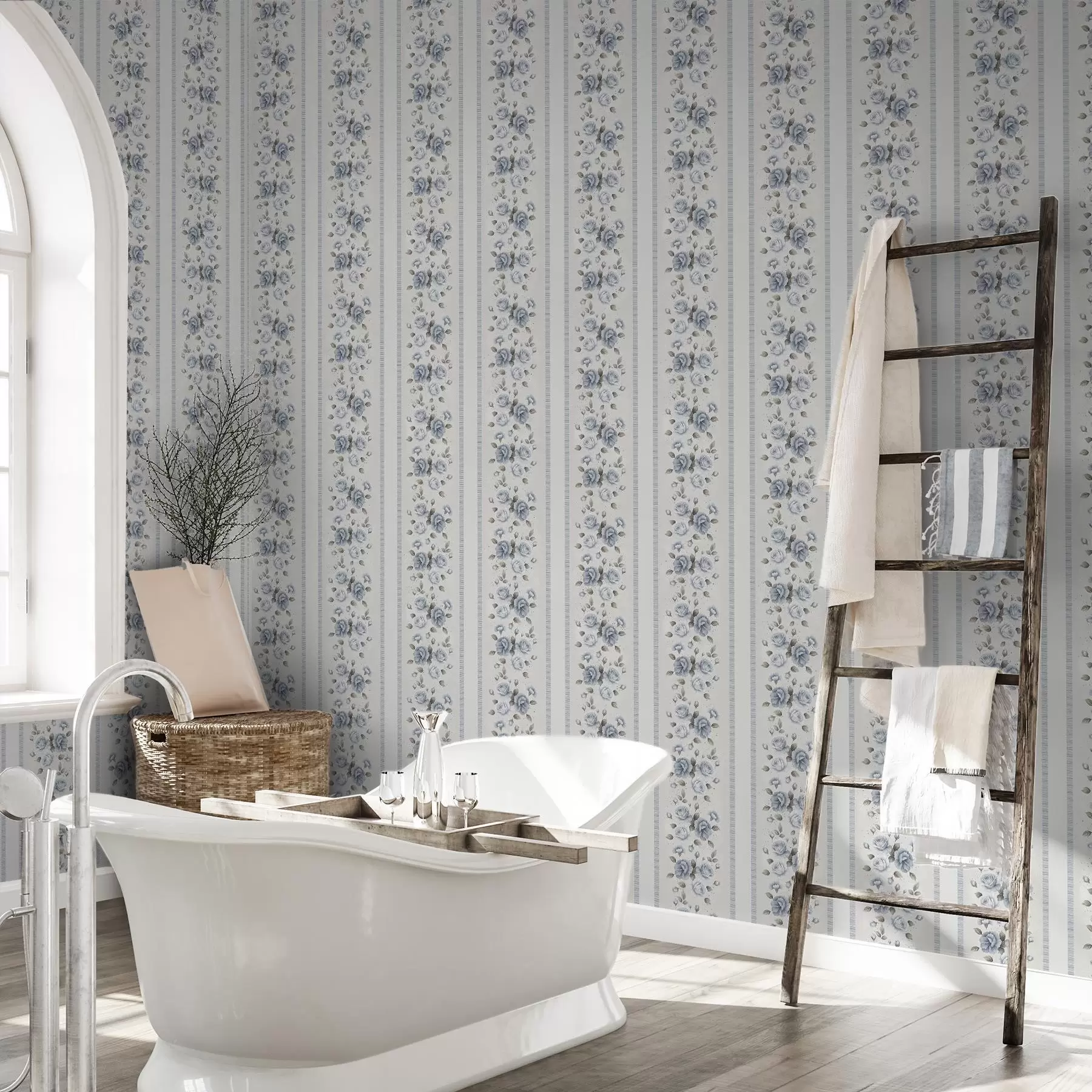 zidne murale Plave ruže u okomitim trakama na svijetloj pozadini a00860