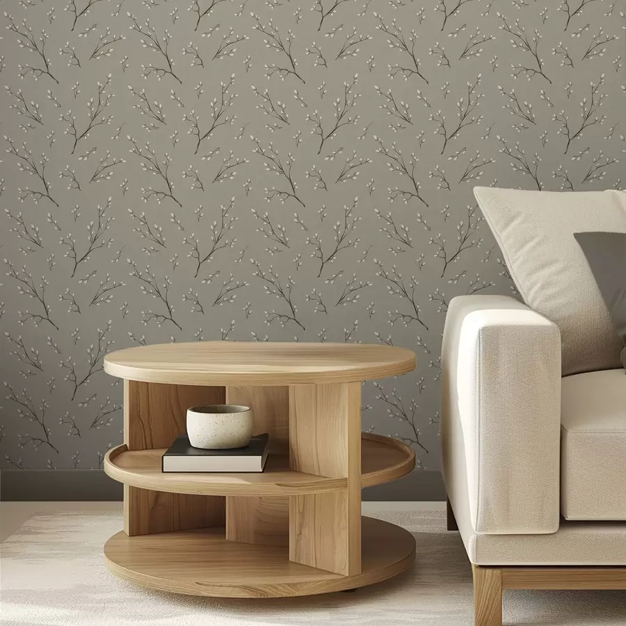 zidne murale Grančice s bijelim pupoljcima na taupe pozadini od lana a00861