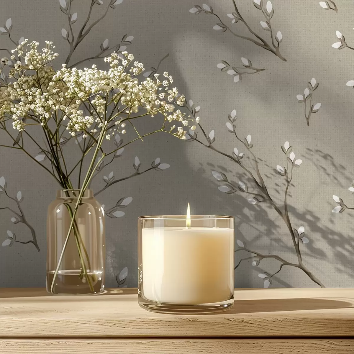 Pozadina Grančice s bijelim pupoljcima na taupe pozadini od lana a00861