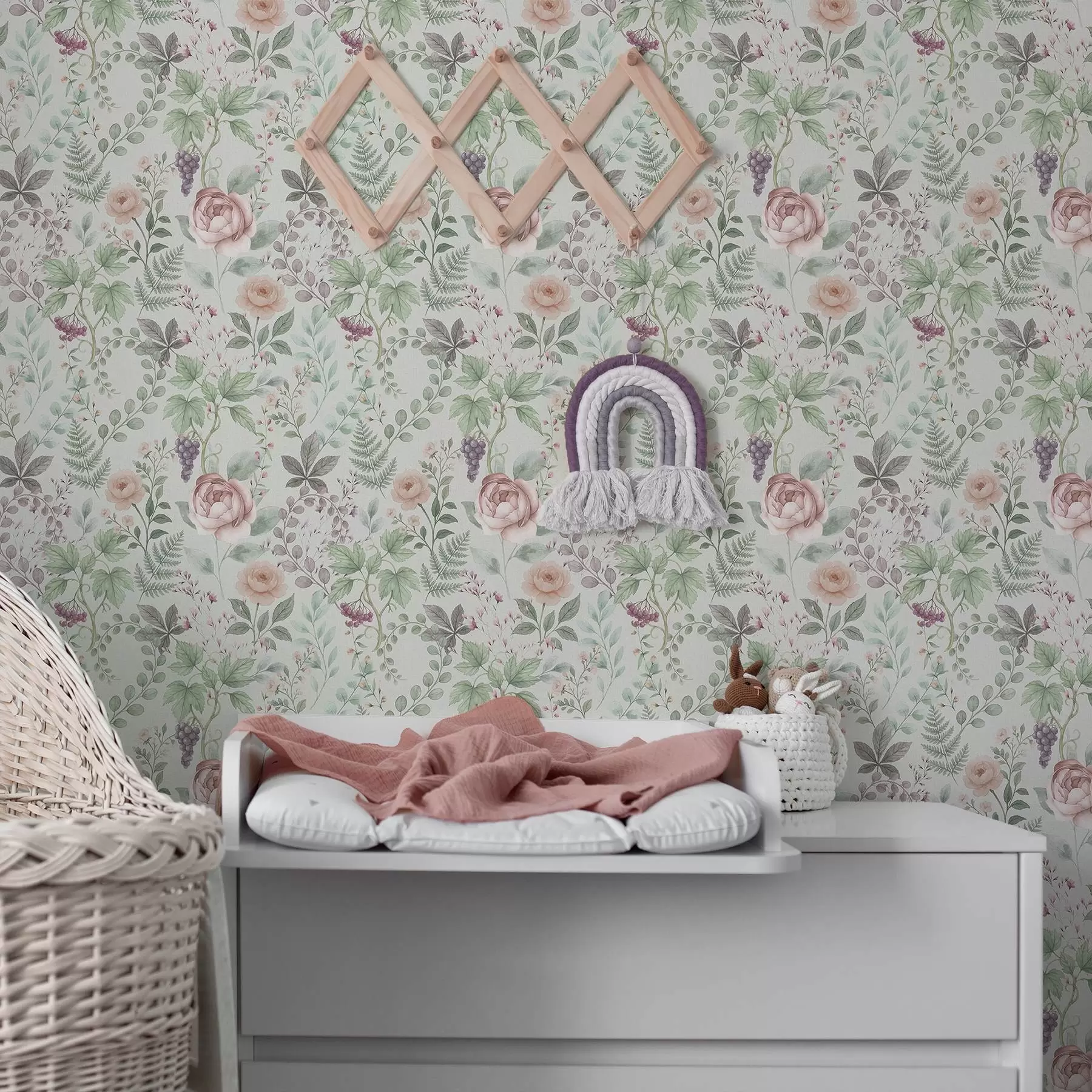 zidne murale Pastelni vrt s ružama, paprati i grožđem a00867