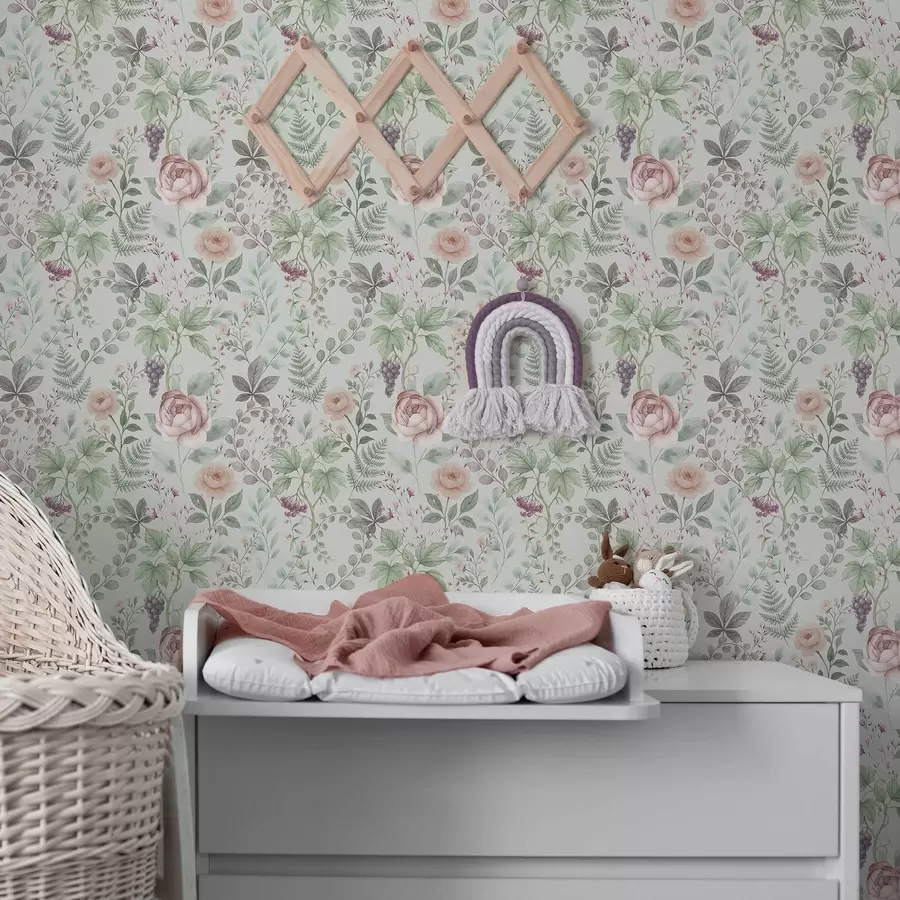 zidne murale Pastelni vrt s ružama, paprati i grožđem a00867