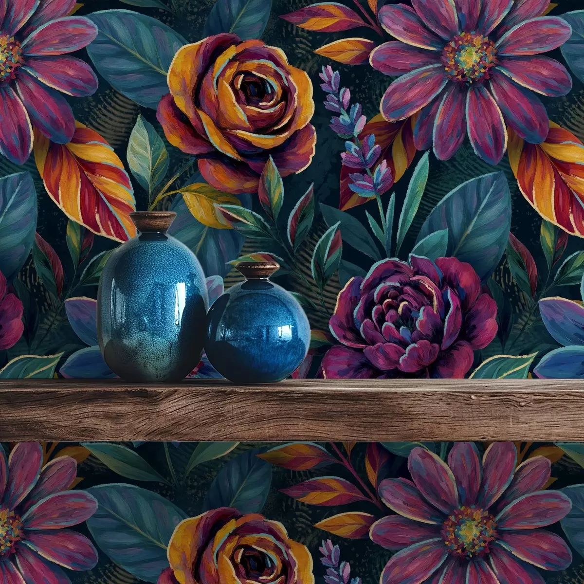 Pozadina Živahni cvjetni uzorci u boji dragulja na tamnoplavoj boji a00871