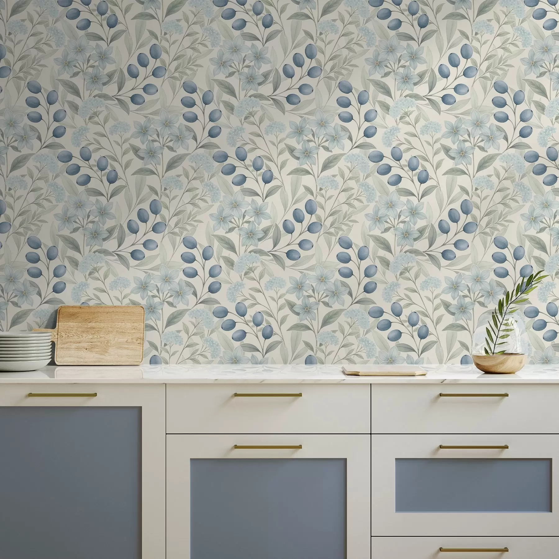 zidne murale Borovnice i svijetlo cvijeće na bjelokosti a00872