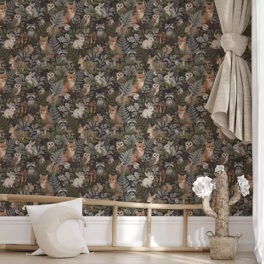 zidne murale Šumske životinje i paprati na dubokom ugljenu a00880