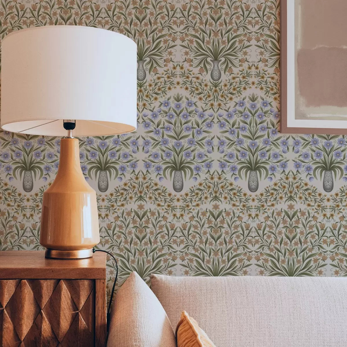 Pozadina Narodne vaze s plavim cvjetovima i listovima masline na rumenilu a00900