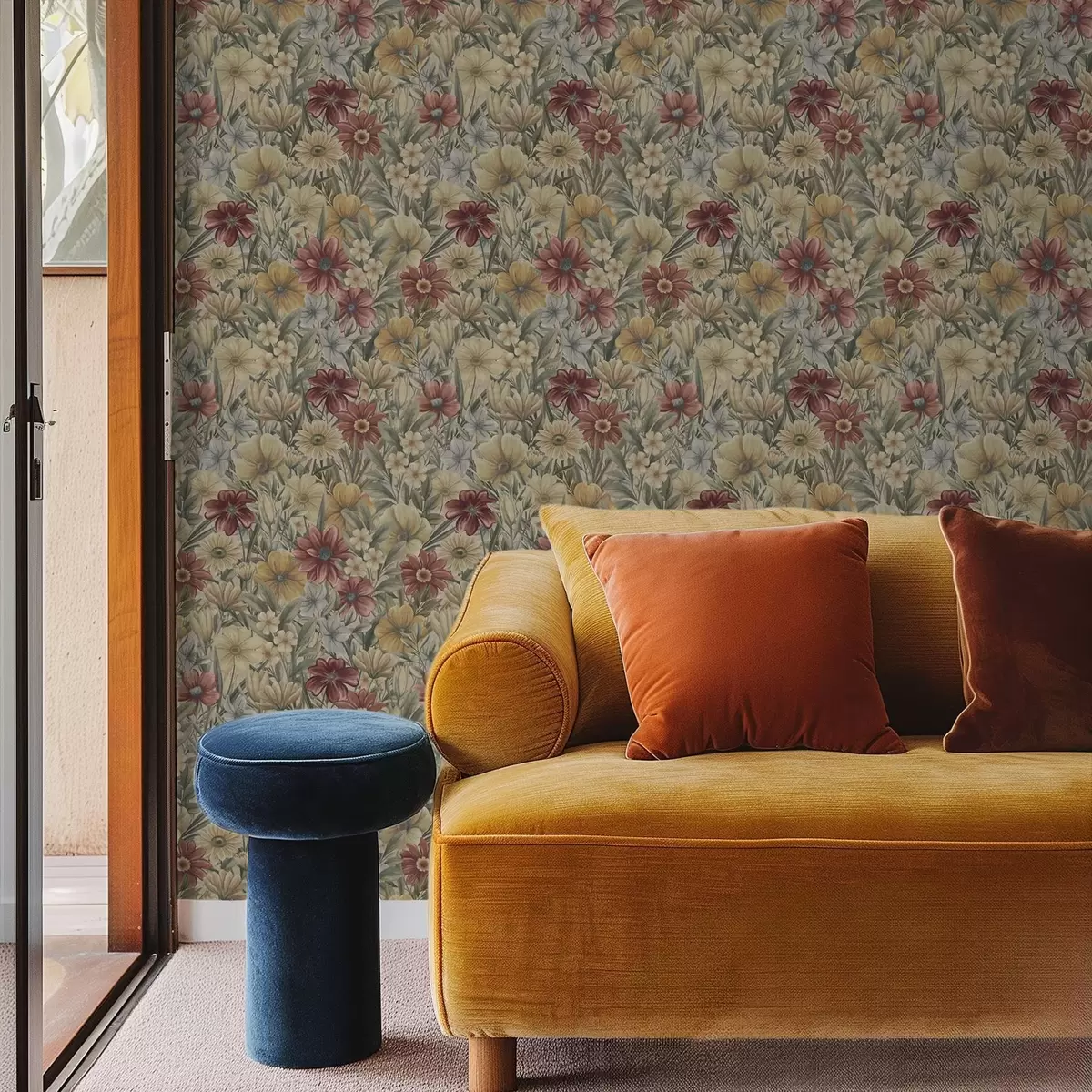 Pozadina Cvjetovi vintage livade u toplim žutim, crvenim i kaduljastim nijansama a00906