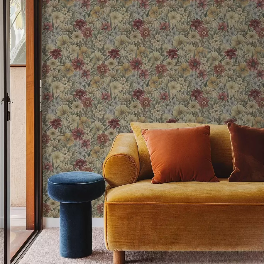 zidne murale Cvjetovi vintage livade u toplim žutim, crvenim i kaduljastim nijansama a00906