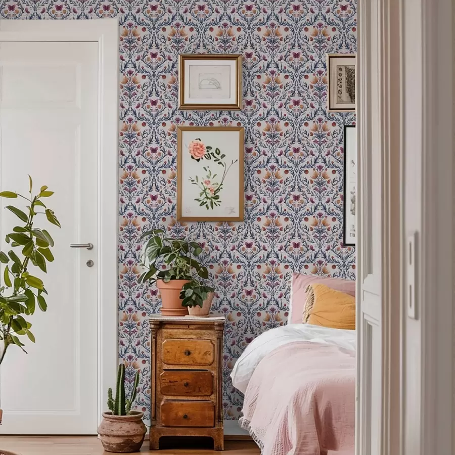 zidne murale Cvjetni damast s leptirima u mornarsko plavoj i terakota boji na bijeloj podlozi a00926v1