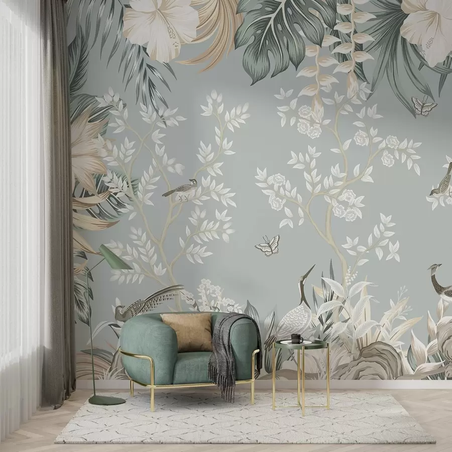 zidne murale Tropska teksturirana pastelna umjetnost s pticama, leptirima, cvjetovima hibiskusa, palminim lišćem i drvećem na svijetloplavoj pozadini w09528