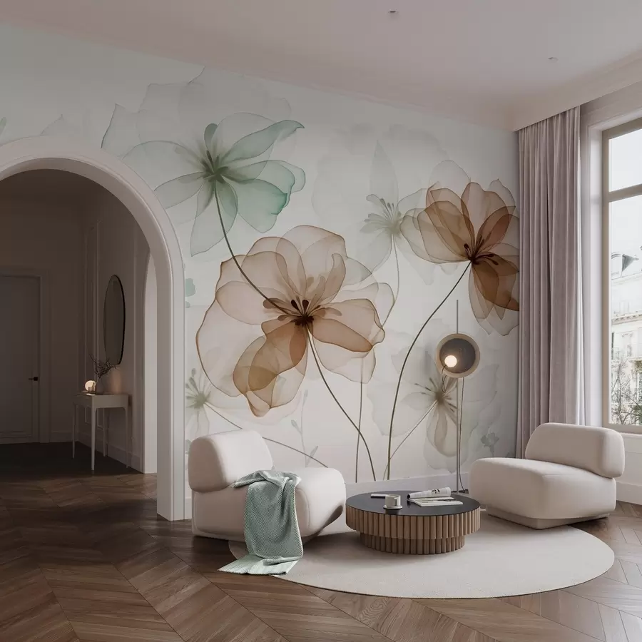 zidne murale Prozirno cvijeće sa smeđim i zelenim laticama, duge stabljike, svijetla pozadina, meke boje, teksturirani cvjetni dizajn w09529