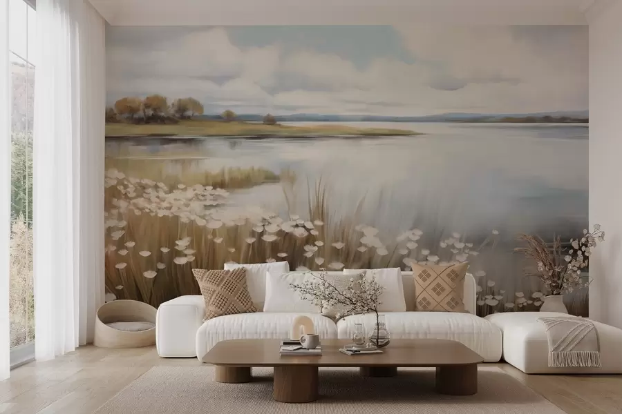 zidne murale Teksturirani krajolik, polje bijelog cvijeća i visoke trave, jezero u pozadini, travnato brdo s drvećem, meke boje w09530