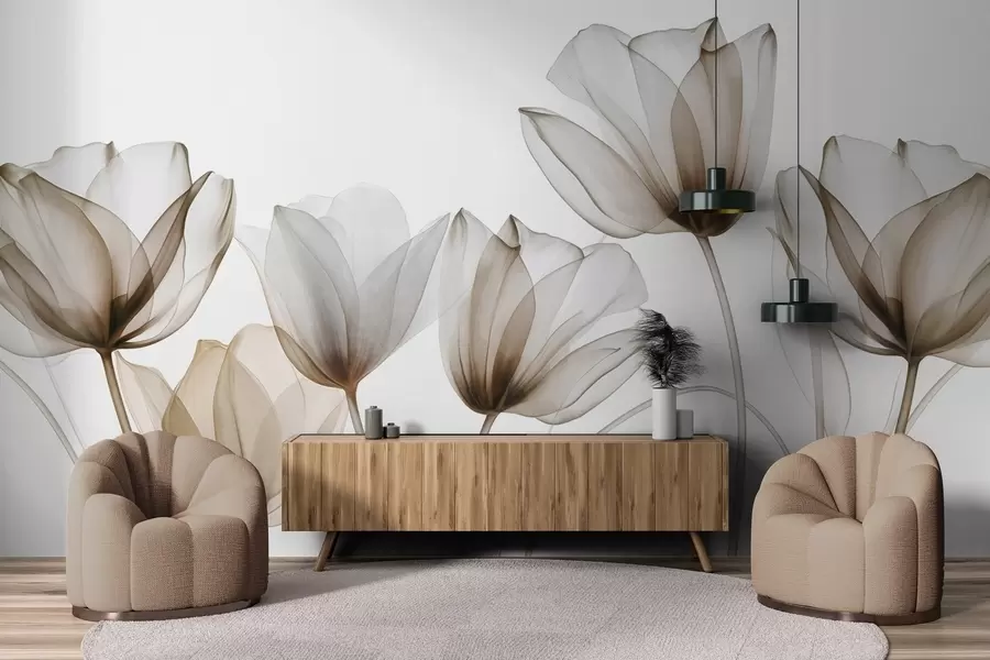 zidne murale Prozirni smeđi i bijeli cvjetovi tulipana s dugim stabljikama, na svijetloj pozadini, nježna i teksturirana cvjetna umjetnost w09538v1