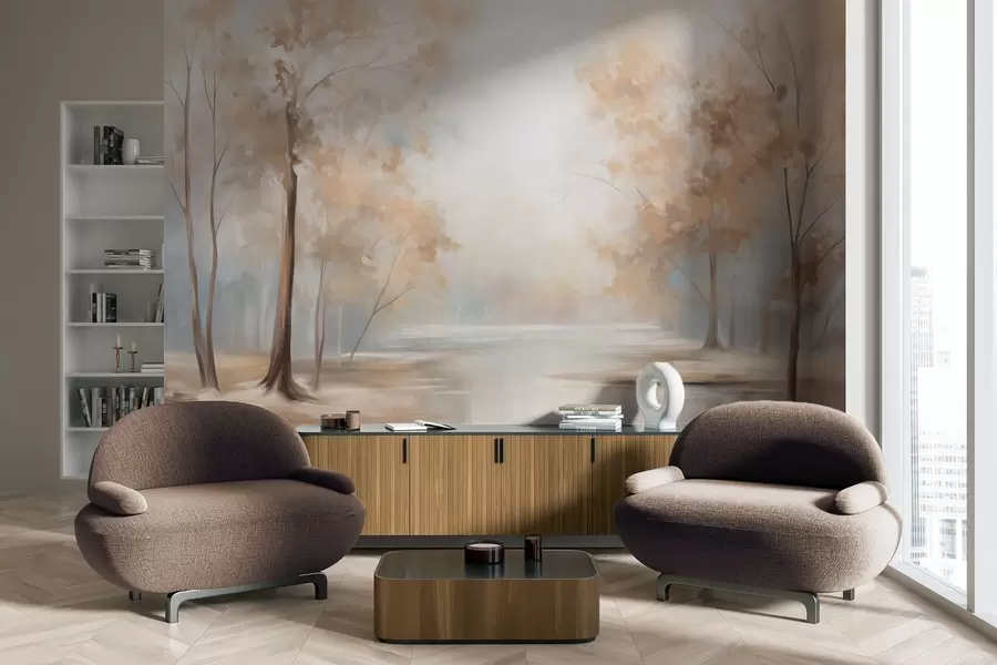 zidne murale Jesenski teksturirani krajolik s drvećem i rijekom, meke boje, svijetla i prozračna atmosfera, miran i spokojan prizor w09541