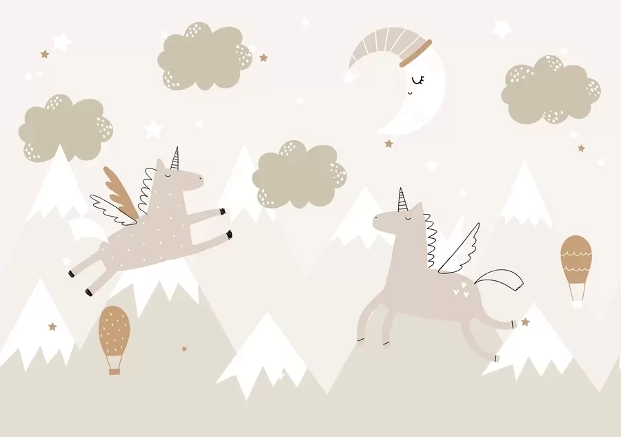 zidne murale Usnuli Mjesec, jednorozi i baloni w04886