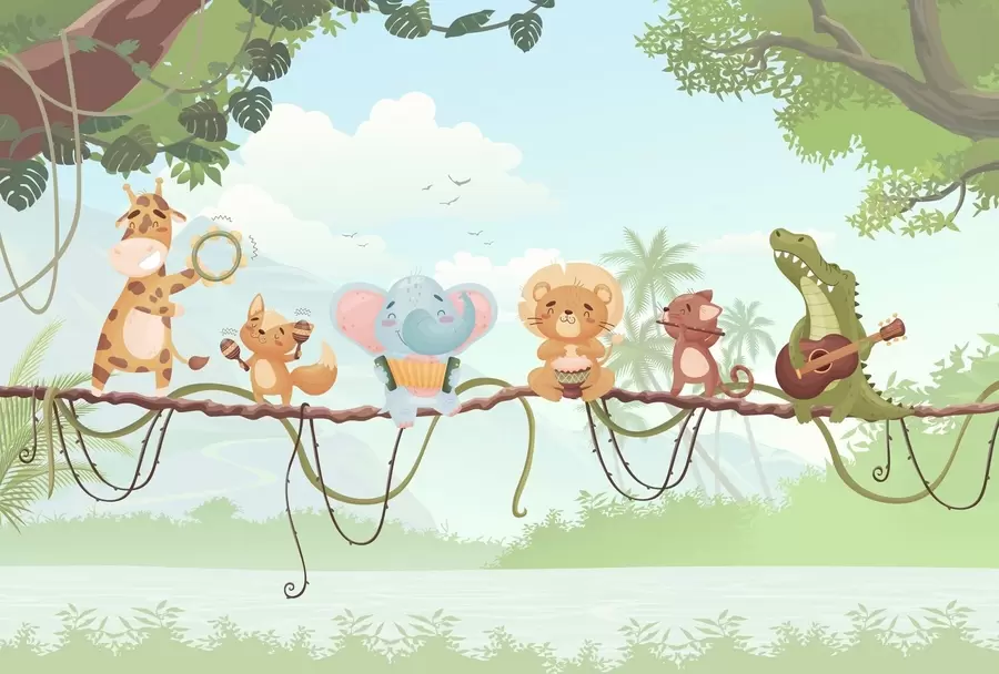 zidne murale Životinje s glazbenim instrumentima naspram tropskog krajolika w04505