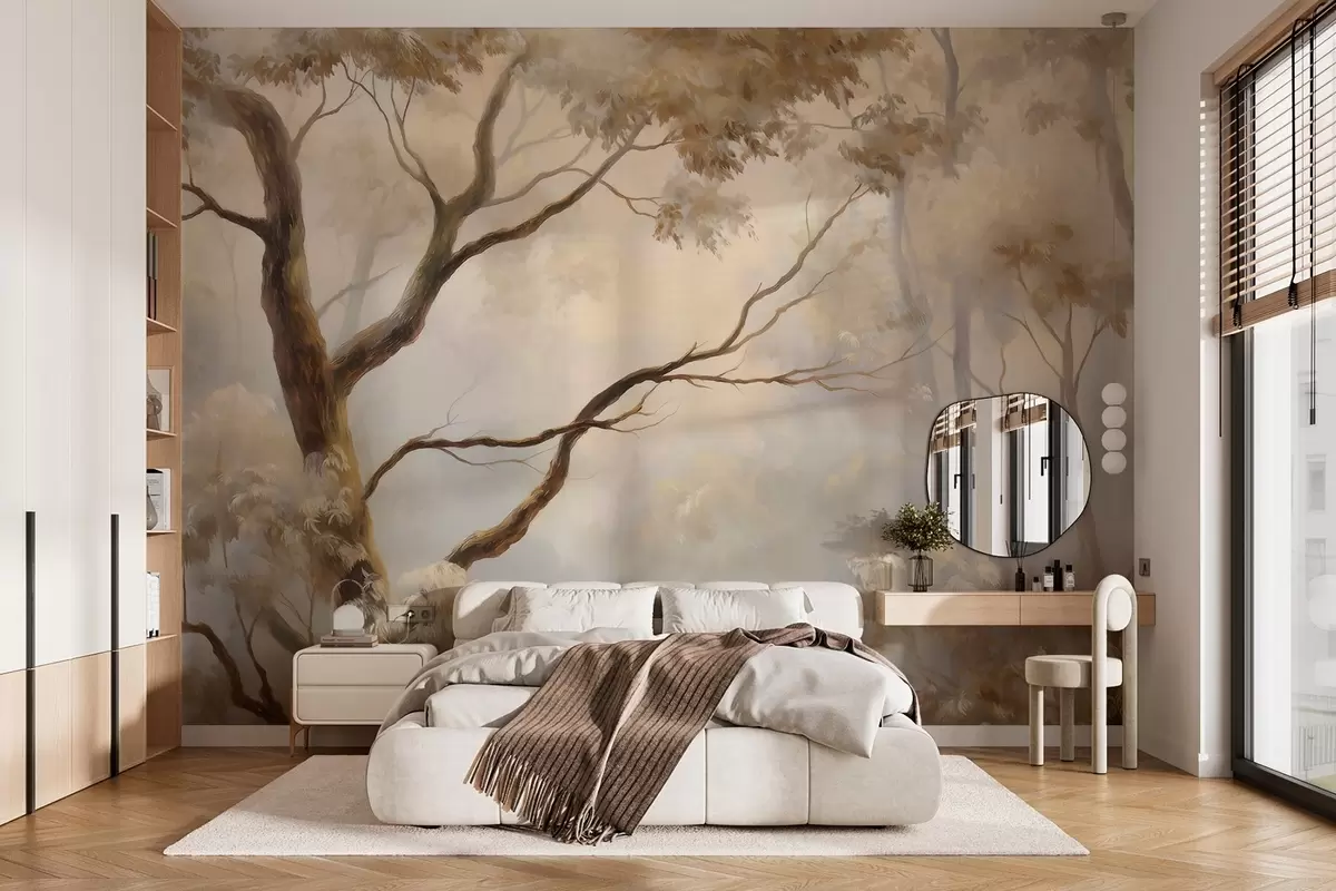 zidne murale Šuma u laganoj jutarnjoj magli. Nježna atmosferska slika u stilu umjetničkog pejzaža. w04817