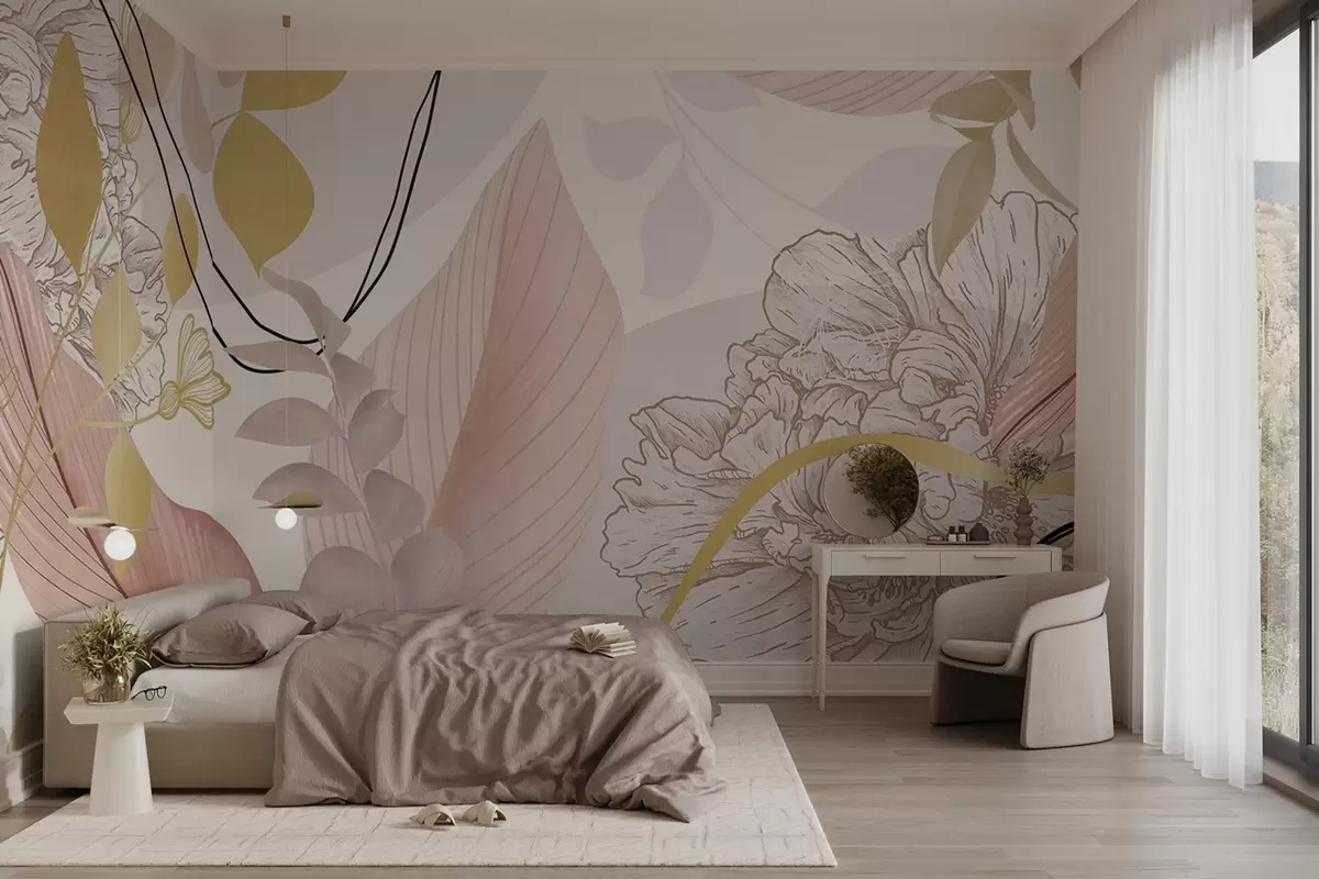 zidne murale Apstraktni cvjetni print s velikim listovima u nijansama prigušene ružičaste, žute s tankim crnim linijama i bijelim cvjetnim obrisima w09544v1