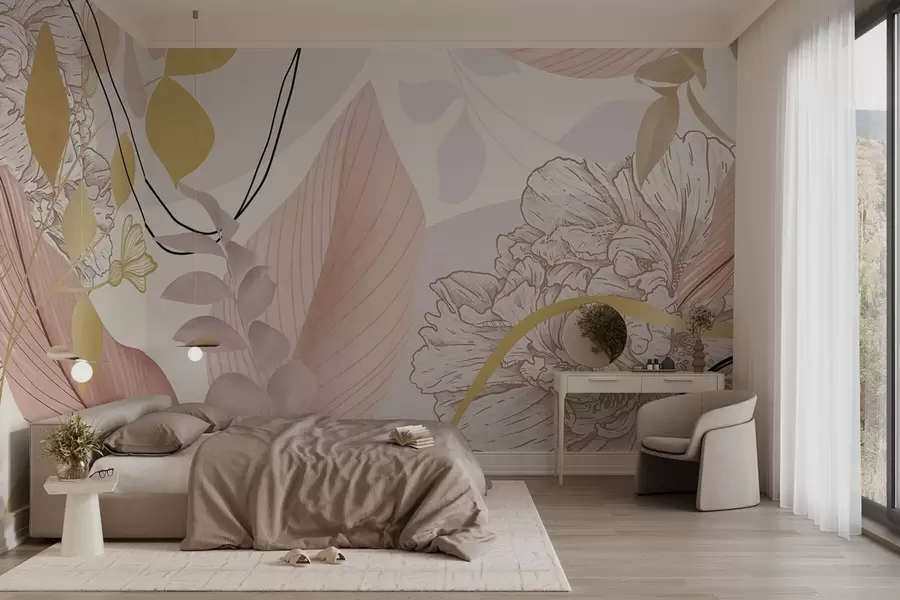zidne murale Apstraktni cvjetni print s velikim listovima u nijansama prigušene ružičaste, žute s tankim crnim linijama i bijelim cvjetnim obrisima w09544v1